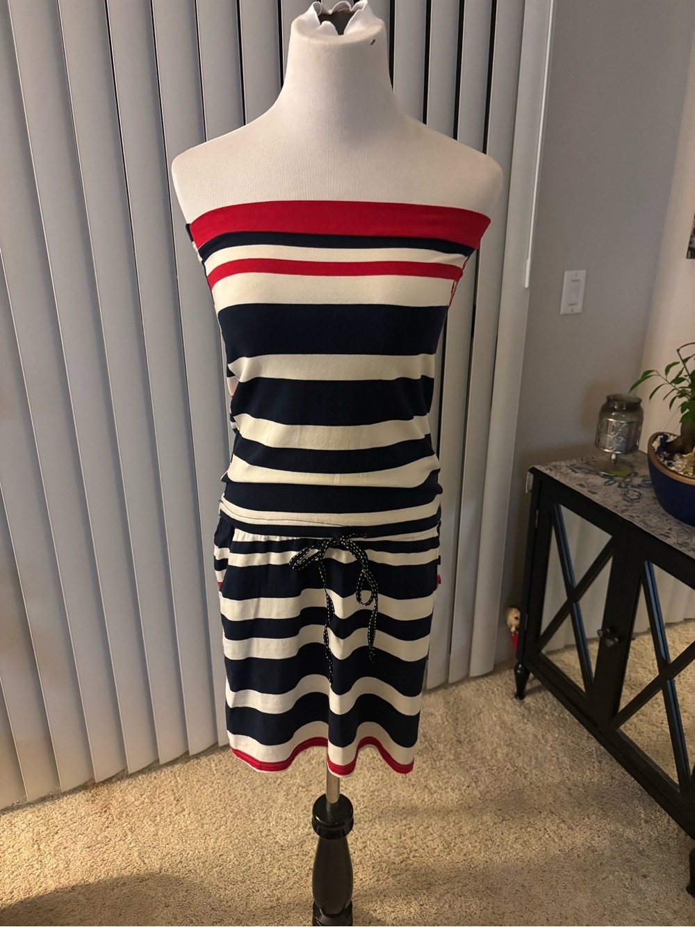 Striped Strapless Navy, White & Red Summer Dress